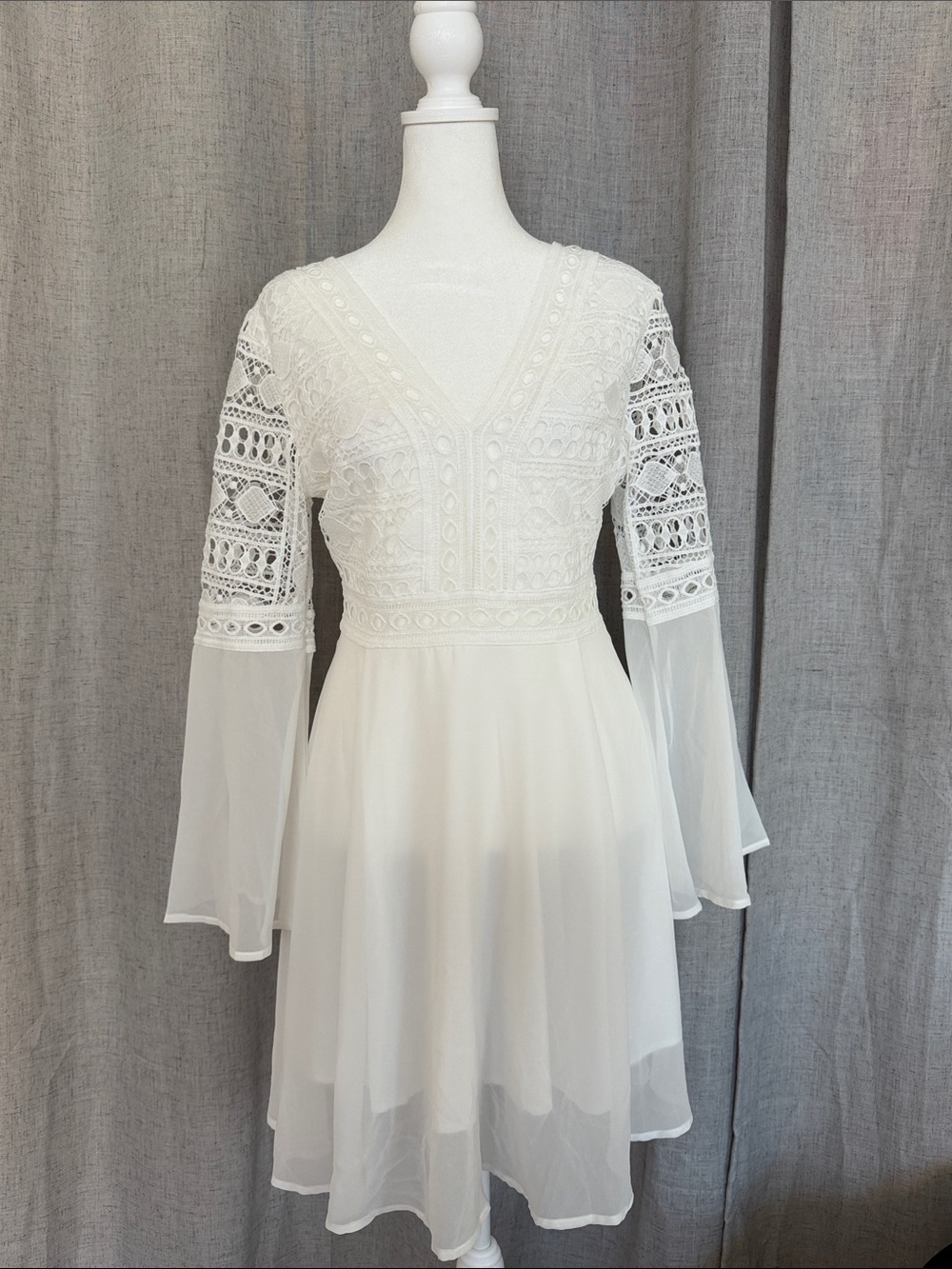 White Lace V-Neck Bell Sleeve Dress